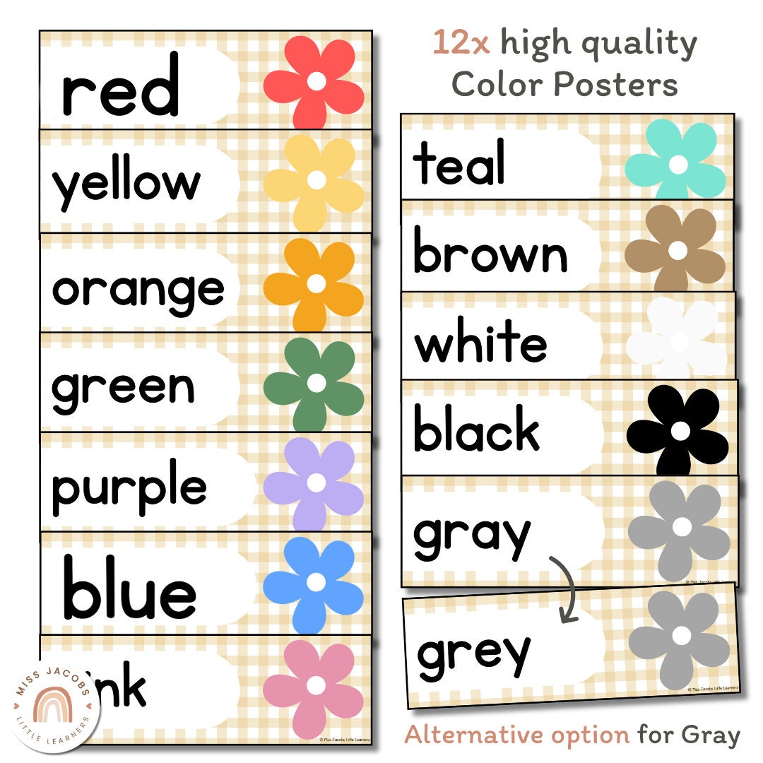 Color Posters | Daisy Gingham Neutrals Classroom Decor - Etsy