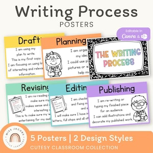 Pósteres adorables sobre el proceso de escritura, carteles de referencia imprimibles de Lengua y Literatura, coloridos pósteres de los 5 pasos de la escritura, cuaderno de composición, tablón de anuncios de inglés.