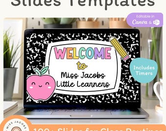 Cutesy Classroom Slides Templates Composition Book, Google Slides and PowerPoint with Timers, School Supplies Clipart Back To School Theme