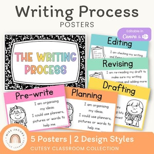 Pôsteres fofos sobre o processo de escrita, cartazes de referência de Língua Inglesa para imprimir, pôsteres coloridos com as 5 etapas da escrita, caderno de composição, mural de inglês