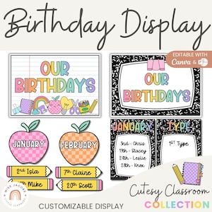 Cutesy Birthday Display Printable, Bright Birthday Classroom Wall Display, Editable Bulletin Board Composition Book + Checkered Display Set