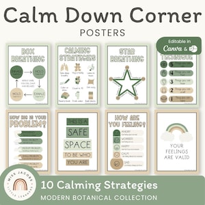 Botanical Calm Down Corner Posters, Calm Down Kit, Calm Therapy Poster, Self Regulation Feelings Chart, Printable Emotions Charts for Kids