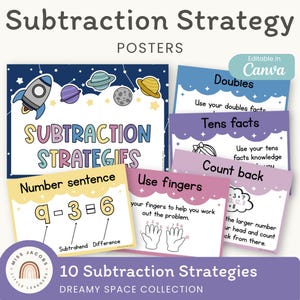 Subtraction Strategies Posters | Dreamy Space Theme Math Anchor Charts (Editable & Printable)