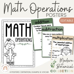 Poster für mathematische Berechnungen, druckbare mathematische Rechnungen Schlüsselwortwortschatz Math Anker Charts, bearbeitbare moderne botanische Mathe Bulletin Board