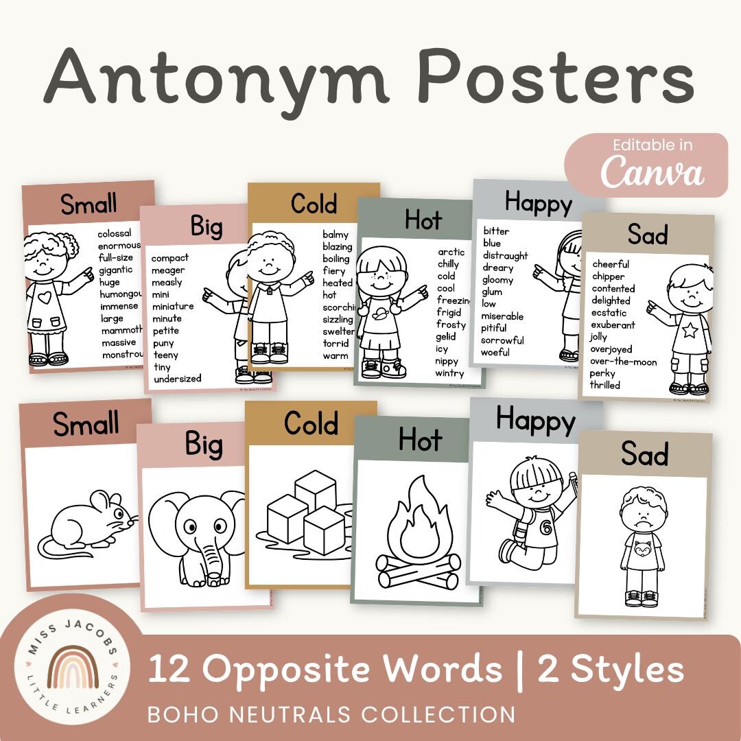 Neutral Color Antonym Boho Neutral Antonym Posters, Printable Antonym Anchor Chart, Editable ...