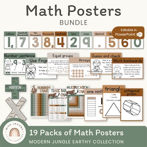 Math Posters Bundle Modern Jungle Earthy Tones (Set of 18 Posters) Rustic Jungle Leafy Accents Classroom Decor, Editable Math Anchor Charts