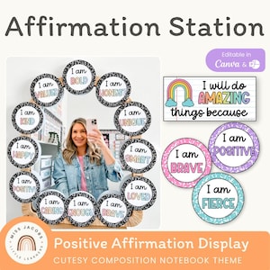 Rincón de afirmaciones adorable, etiquetas editables para pósteres de afirmaciones en el aula, tema para cuaderno de composición con la frase positiva "Yo soy" para el espejo de afirmaciones