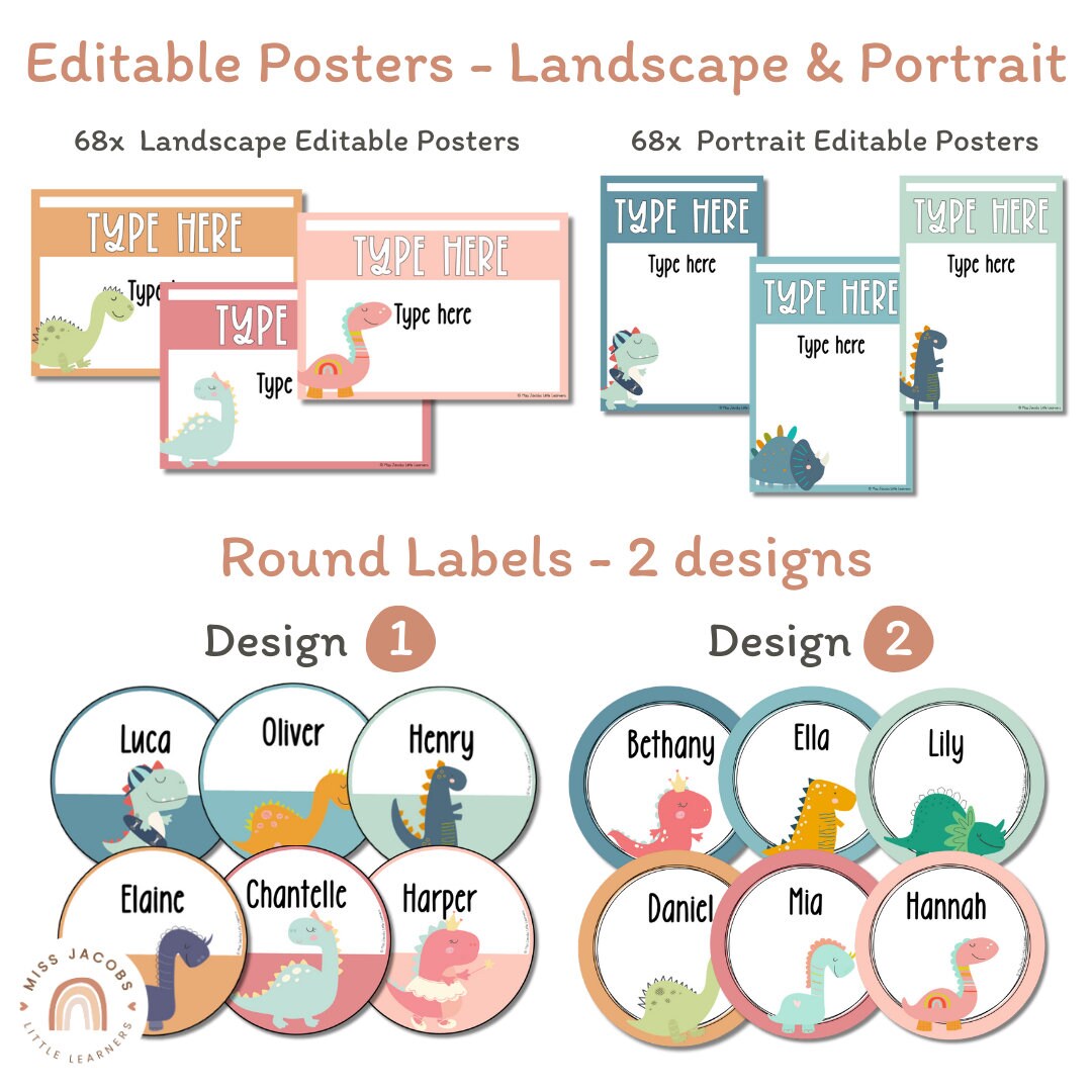 Cute Dinosaur Classroom Labels Bundle | Editable Student Name Tags ...