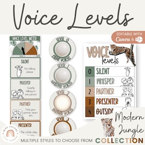 Modern Jungle Voice Level Chart, Editable Noise Display Voice Meter Posters, Printable Classroom Behavior Management, Earthy Jungle Decor