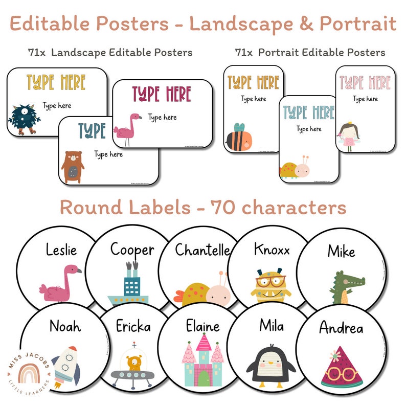 Cute Classroom Labels Bundle Assorted Characters | Editable Student ...
