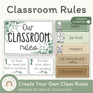 Classroom Rules & Expectations Posters with Visuals, Modern Botanical Editable Behavior Management, Bilingual-Friendly Calm Classroom Decor