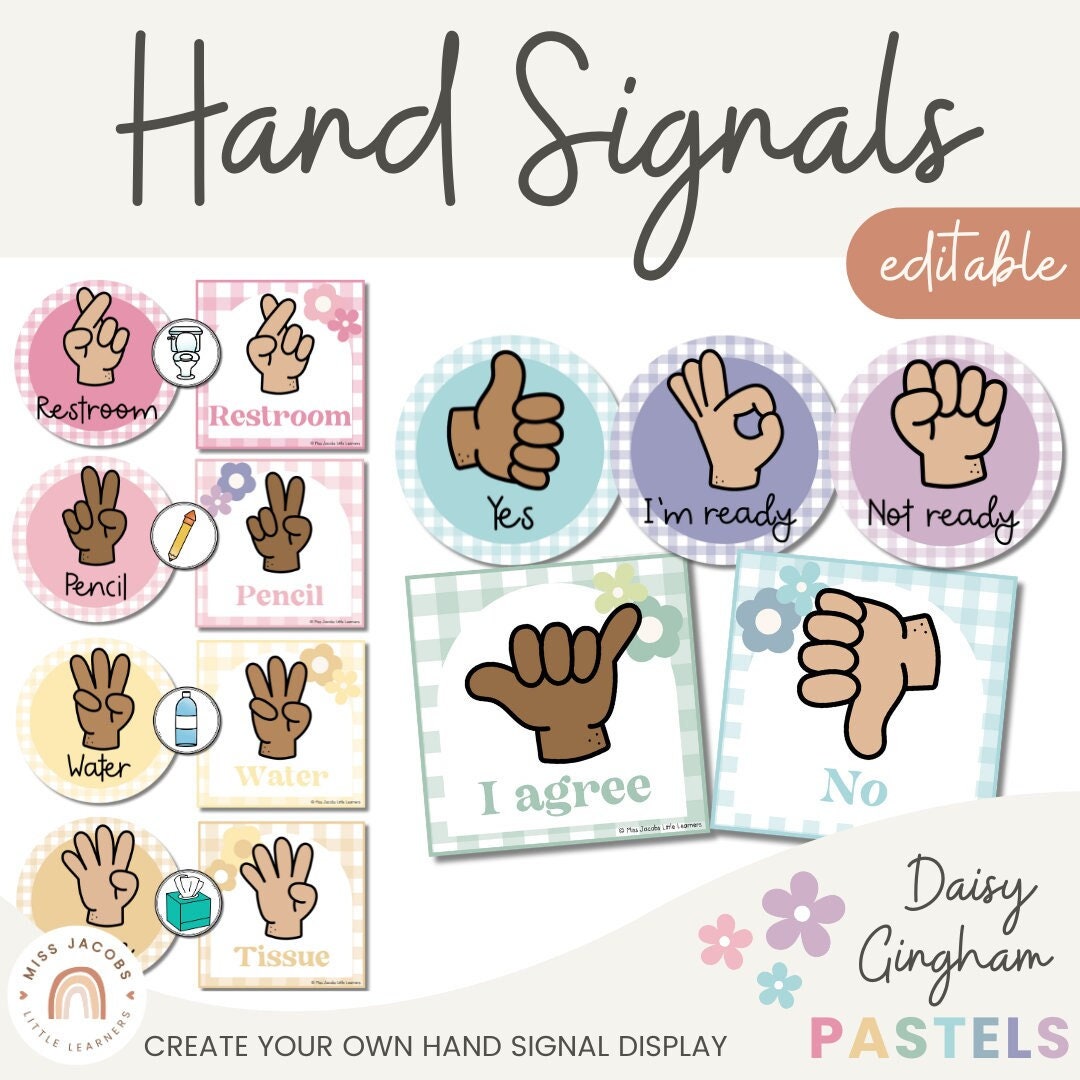 hand-signals-daisy-gingham-pastels-classroom-decor-editable-etsy
