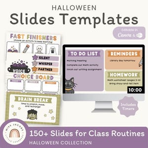 Pode incluir: Modelos de slides de Halloween com um monitor de computador exibindo uma lista de tarefas, lembretes e deveres de casa. Inclui folhas imprimíveis para atividades, níveis de voz, quadros de escolha e pausas com gráficos e texto.