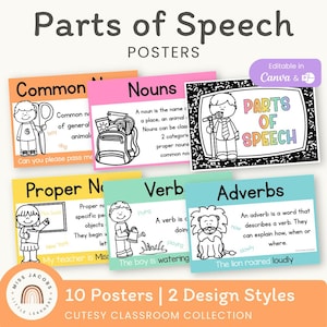 Pósters adorables sobre las partes de la oración, coloridos carteles de referencia gramatical, decoración imprimible para el aula de Lengua y Literatura, pósteres de gramática inglesa editables.