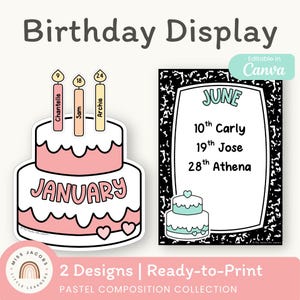 以下が含まれることがあります： Januaryと書かれた2段のピンクのケーキのイラストと、Chantelle、Sam、Archieという名前の3本のキャンドル、そしてJuneと書かれた白黒のノートブック風の看板で構成された誕生日ディスプレイセット。
