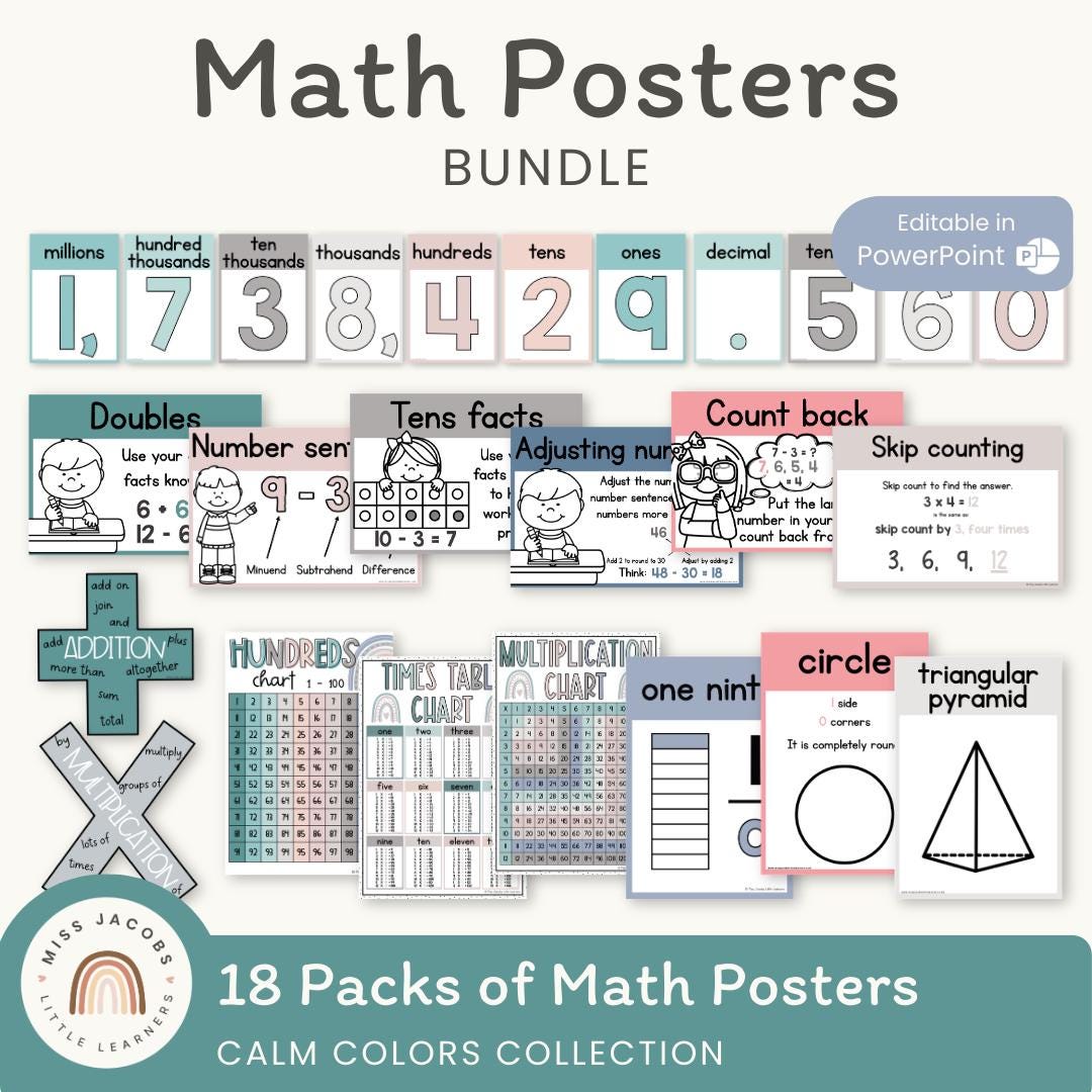 CALM COLORS Math Posters Bundle | Modern Rainbow Classroom Decor - Etsy
