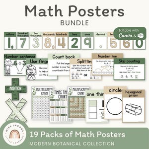 BOTANICAL Math Posters Bundle Set of 18 Numeracy Posters, Editable Modern Farmhouse Math Classroom Decor, Educational Math Anchor Charts
