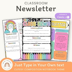 Plantillas de boletines informativos adorables, boletines mensuales y semanales editables para el aula, cuadernos de composición imprimibles, boletines de primaria para la escuela.
