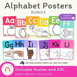 Alphabet Posters Bundle: BRIGHT Neon Rainbow English, ASL and Auslan Classroom Decor (Printable & Editable)