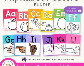 Alphabet Posters Bundle: BRIGHT Neon Rainbow English, ASL and Auslan Classroom Decor (Printable & Editable)
