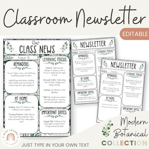Newsletter Template for Teachers, Editable Weekly & Monthly Parent Communication, Printable Class News, Modern Botanical Farmhouse Design