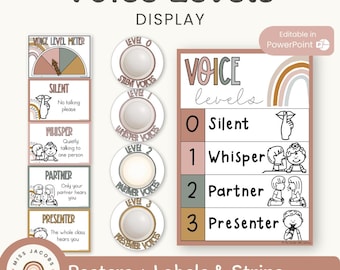 Boho Rainbow Voice Noise Level display | EDITABLE Classroom Teacher Management | Voice Volume Visual Decor | Neutral Rainbow Theme