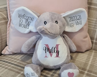 Personalised Elephant Teddy, New Baby Gift, Your Name Teddy, Cuddly Toy, Baby Shower Gift, Birth announcement gift