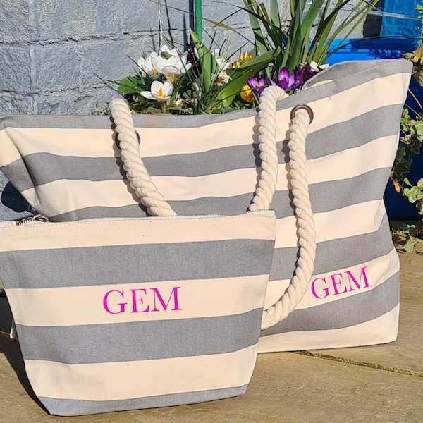 Beach Bag, Cosmetic Bag, striped tote bag, grey striped canvas tote, tote bags, beach party, beach wedding, Personalised Beach Bag,