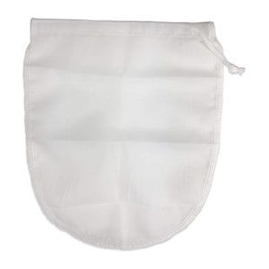 May include: White cotton drawstring bag with a rounded bottom and a sewn edge. The bag is made of a fine mesh material.