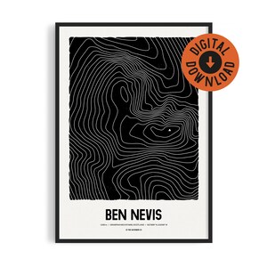 Ben Nevis, Impression d'art topographique, Affiche graphique, Style de gravure sur bois, TÉLÉCHARGEMENT NUMÉRIQUE