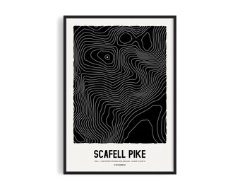 Scafell Pike, Impression d'art topographique, Affiche graphique, Style de gravure sur bois, A4 A3 A2 A1