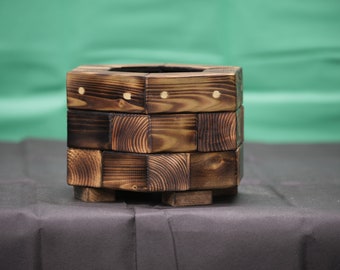 Pot à bonsaï brûlé à la main en bois avec anneau hexagonal / Ø intérieur 11 cm / Ø extérieur 13 cm
