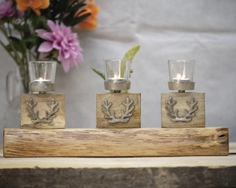 Bougeoir en verre à thé en bois de chêne de Noël