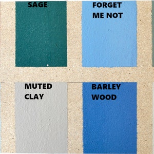May include: A paint color chart with 8 different paint colors. The colors are: Medium Oak (Ronseal), Sage, Forget Me Not, Wild Thyme, Coastal Mist, Muted Clay, Barley Wood, and Natural Stone.