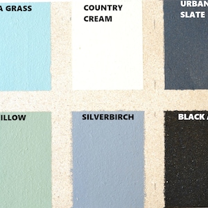 May include: A color chart with six paint samples. The colors are: Sea Grass (light blue), Country Cream (white), Urban Slate (dark gray), Willow (light green), Silver Birch (light gray), and Black Ash (black).