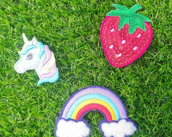 Sequin Strawberry, Chenille Rainbow with Clouds & Irridescent Pastel Unicorn Iron on Patch Motifs