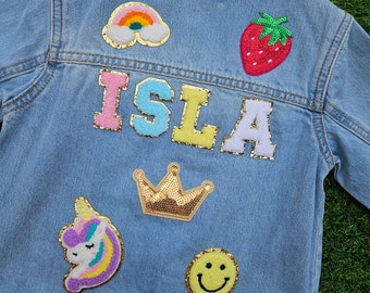 Kids Personalised Denim Motif Name Jacket | Custom Patches and Badges BRAND NEW JACKET Birthday, Christmas & Christening Gift