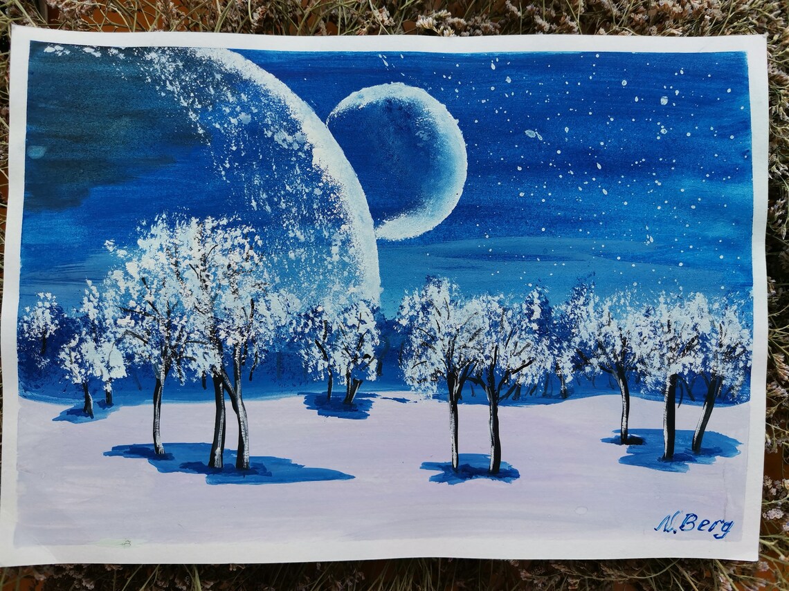 Night Sky Gouache Painting Night Forest Winter Landscape Etsy