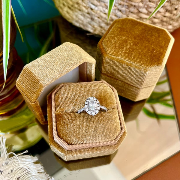 Gold Ochre Corduroy Velvet Ring Octagonal Box