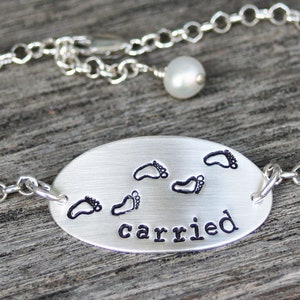 Carried Hand Stamped Bracelet, Footprints Jewelry, Gifts for Christians, Religious Jewelry, Silver Bracelet, Jewelry for Mom