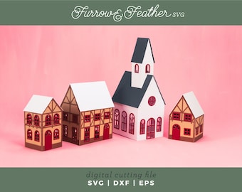 May include: A digital cutting file for a set of four paper houses. The houses are in a traditional style with white roofs and brown walls. The largest house has a gray roof and a steeple. The file is available in SVG, DXF, and EPS formats.