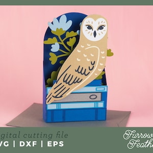 Carte hibou sur des livres | Carte pop-up SVG | 3D Papercut SVG carte coupe fichier | Cricut Silhouette DIY