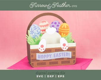 Cartão de cesta de coelho da Páscoa | Cartão de Páscoa SVG | Arquivo de corte de cartão SVG de papel 3D | Cricut Silhouette DIY