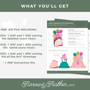 May include: A digital download for a printable happy birthday card featuring a cake slice design. The card includes assembly instructions and is available in SVG, DXF, and EPS formats.