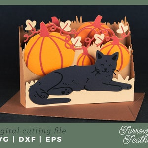Chat noir d'Halloween avec citrouilles modèle de carte de visite | Fichier de coupe de carte SVG Papercut 3D | Cricut Silhouette DIY