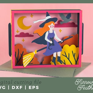 Halloween Flying Witch Card | Pop Up Card SVG | 3D Papercut SVG Card Cut File | Cricut Silhouette DIY