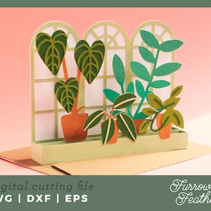 Window Pane with Plants Box Card Template | 3D Papercut SVG Card Cut File | Cricut Silhouette DIY