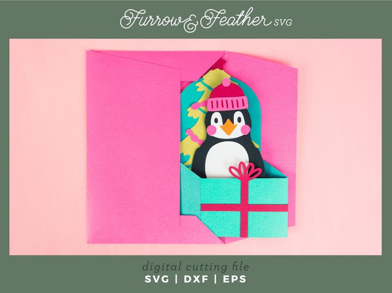 May include: A pink envelope with a pop-up card inside. The card features a penguin wearing a pink and white hat, holding a turquoise gift box with a red ribbon. The text "Furrow & Feather SVG" is at the top of the image.