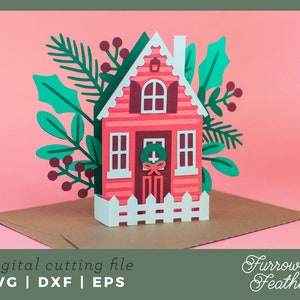 Christmas Holiday Cottage Box Card Template | 3D Papercut SVG Card Cut File | Cricut Silhouette DIY