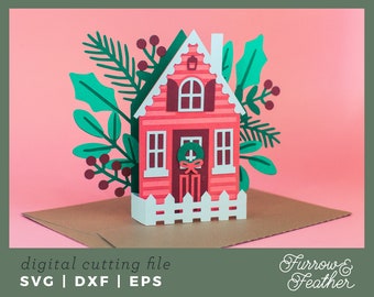 Christmas Cottage Box Card Template: 3D Papercut SVG File (Digital Download)